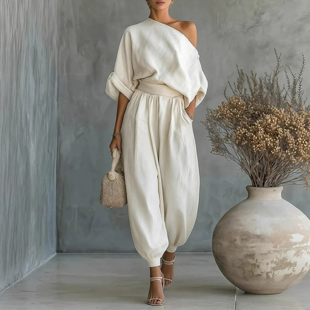 H&M Summer New Casual Solid One Shoulder Loose Top Harem Pants 2pc Set